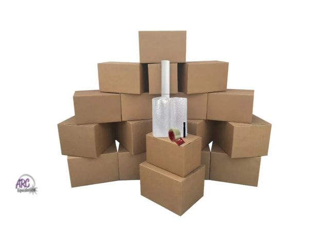 Lot 56-750550 - New Basic Moving Boxes Kit #1 – 18 Boxes with Bubble Roll, Packing Tape &amp; Supplies