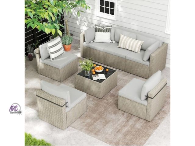 Lot 56-752760 - New in box. Gray 7-Piece Wicker Outdoor Sectional Set with Coffee Table and Gray Cushions. Comes in ...