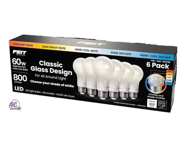 Lot 56-124960 - New Tested &amp; Works Feit Electric 60W Replacement 5-CCT LED Classic Glass A19 Bulbs, 6-pack