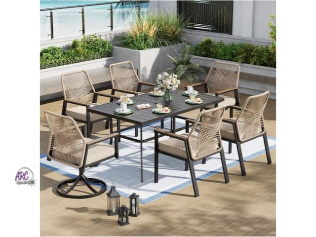 Lot 56-747859 - New in box. Retail $999. 7-Piece Black Metal Patio Outdoor Dining Set with Rectangle Table and Woven...