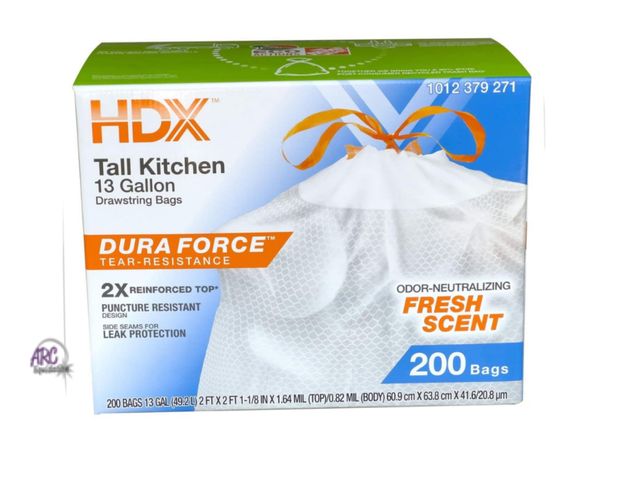 Lot 56-337761 - New open box some could be missing, HDX
13 Gallon Reinforced Top
Drawstring Fresh Scented
Tall Kitch...