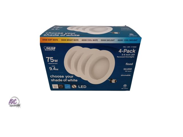 Lot 56-704215 - New feit electric led 4 pack. Recessed down lights. Dimmable. 9.4w (75w)