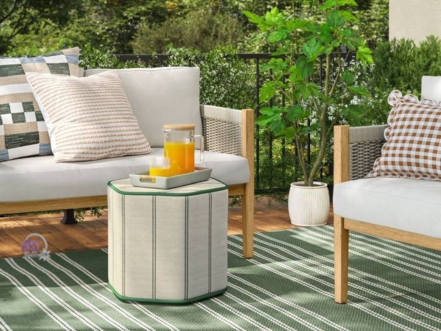 Lot 56-866117 - New - Threshold Stuido McGee Outdoor Pouf - Green and Cream
