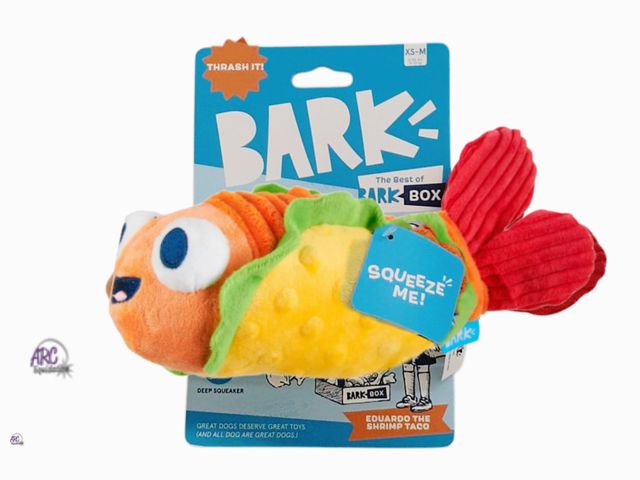Lot 56-218261 - New - BARK Eduardo The Shrimp Taco Dog Toy: Squeaks, Crinkles, Plush, For All Ages XS-M Sized Dogs