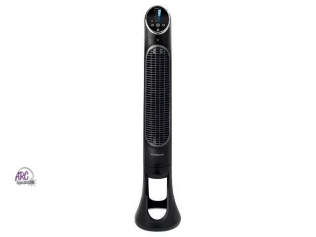 Lot 56-459911 - NEW-CLIP BROKEN FOR STAND BUT STILL ATTACHES-Honeywell QuietSet 8-Speed Oscillating Tower Fan Black ...