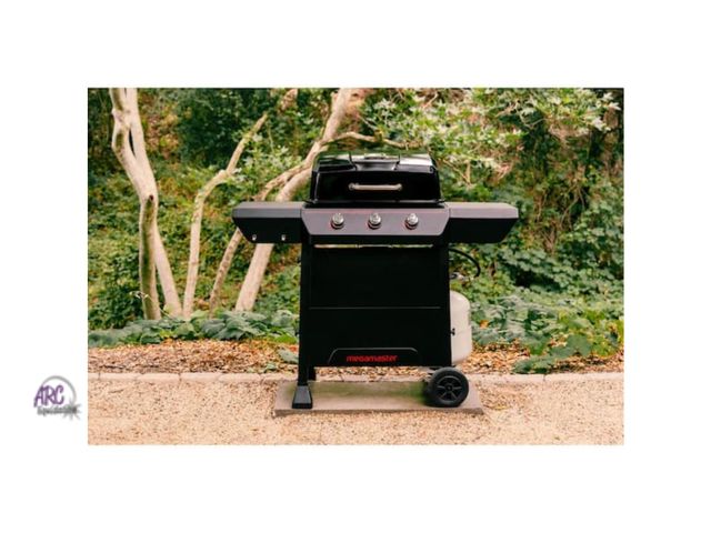 Lot 56-687445 - New Opened Box - Megamaster 3-Burner Propane Gas Grill in Black. Powerful 27,000 BTUs, 447.28 sq in ...