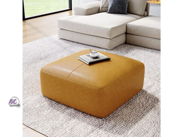 Lot 56-691545 - New - Uixe 35 in. Wide Mid-Century Brown Genuine Leather Square Ottoman (Set of 1)