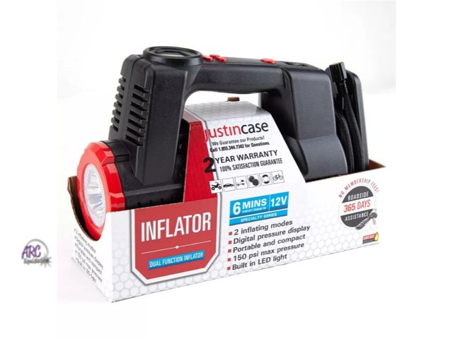 Lot 56-708627 - New tested and works Justin Case Dual Function Tire Inflator: Portable Tire Compressor &amp; Pump