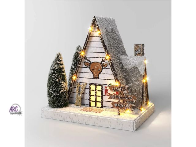 Lot 56-717230 - New Wondershop  Battery Operated Paper Ski Lodge with Bottle Brush Trees. 8" tall