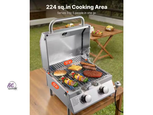 Lot 56-608960 - New in Box - Vevor Tabletop Gas Grill 2-Burner Portable Propane Grill in Stainless Steel with Thermo...