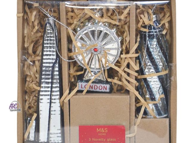 Lot 56-615230 - New - Marks &amp; Spencer set of three glass London icons Christmas ornaments, featuring the Shard, ...