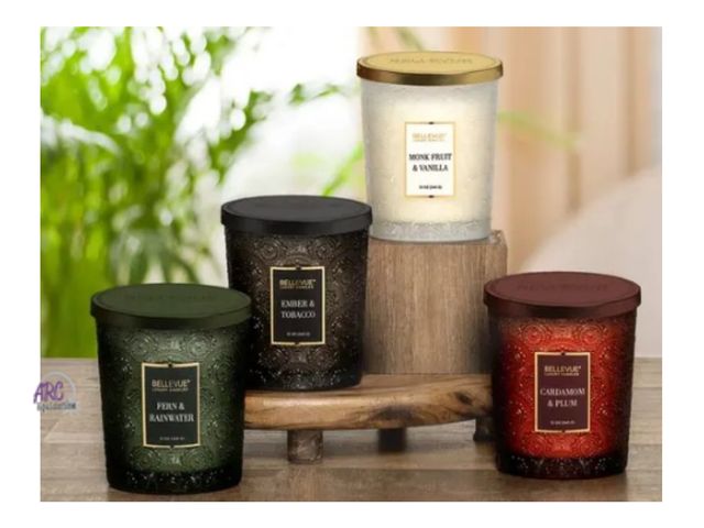 Lot 56-411557 - Open Box - 2 Candles Wick Was Lit (See Pic) - Bellevue Embossed Glass 12 oz. Candle, 4-pack