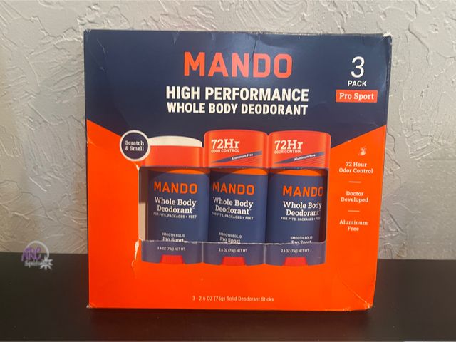 Lot 56-334660 - New 3 pack Mando high performance whole body deodorant. 72 hr odor control
