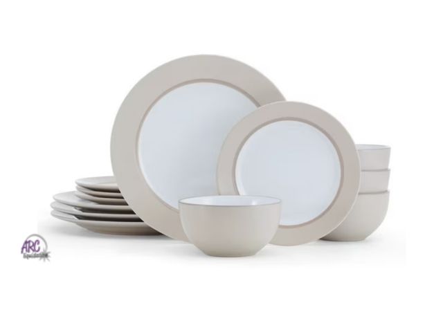 Lot 56-874017 - New - Pfaltzgraff Grayson Taupe 12-Piece Dinnerware Set Stoneware Round in White