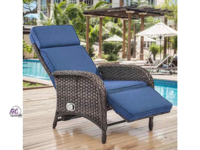 Lot 56-608060 - New In Box - Retails $265 - Brown 1-Piece Wicker Outdoor Recliner with Olefin Blue Cushions and Flat...