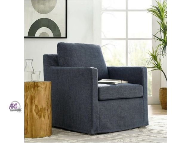 Lot 56-702943 - New in box. Serene Fabric Slipcovered Swivel Armchair in Slate Blue. Retail $455