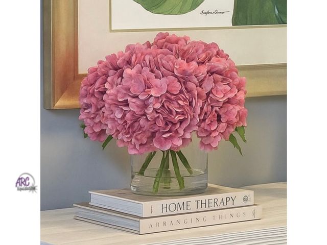 Lot 56-128861 - New Real Touch Pink Hydrangea Floral Arrangement with Glass Vase, (11x6x6”)