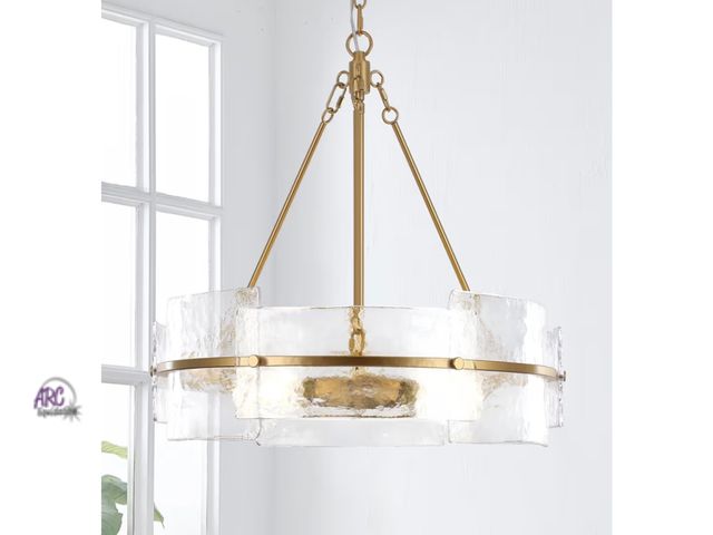 Lot 56-637051 - New - Modern Dining Room Chandelier, 22 inch Gold Textured Glass Drum Chandelier Luxury Crystal Hang...