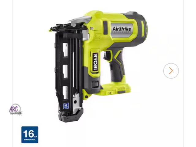 Lot 56-606323 - Used, tested and works RYOBI
ONE+ 18V AirStrike 16-Gauge Cordless Finish Nailer