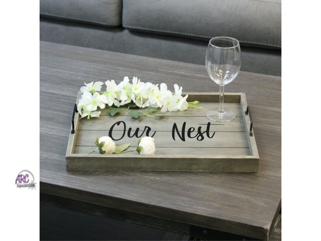 Lot 56-266125 - NEW Elegant Designs 15.5" x 12" Decorative Wood Serving Tray, "Our Nest", Rustic Gray