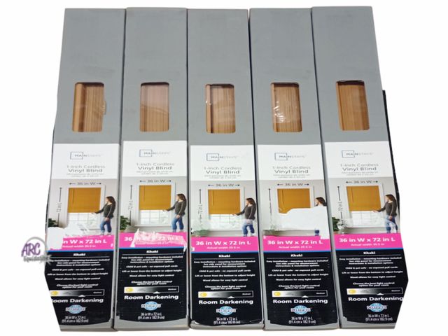 Lot 56-762261 - New Lot Of 5 Mainstays 1-Inch Cordless Vinyl Room Darkening Blinds 36" x 72" Khaki Safe for pets and...