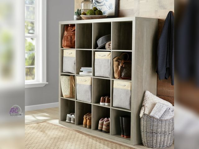 Lot 56-799914 - New in box. Better Homes &amp; Gardens 16 Cube Storage Organizer, Rustic Gray
