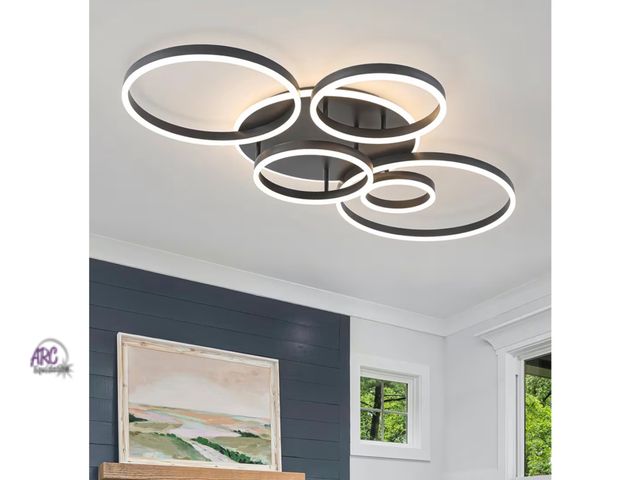 Lot 56-662040 - New - O'NEELDY Black Flush Mount Ceiling Light Dimmable Dining Room Light Fixture Round 6 Rings Mode...
