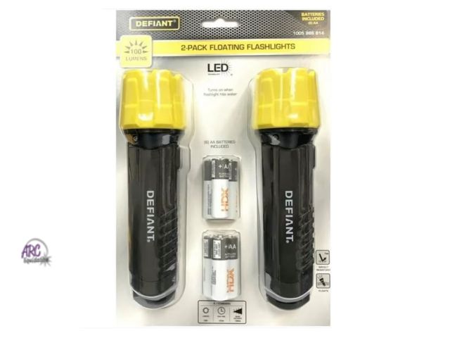 Lot 56-395560 - New Defiant LED Floating Flashlights, 100 Lumens, 2-Pack with AA Batteries Included, Black/Yellow
