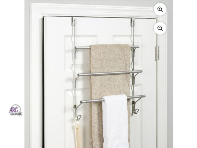 Lot 56-611724 - New, sealed Mainstays SnugFit over-the-Door 3-Tier Towel Bar and 2 Hooks Hanging Storage, No Tools, ...