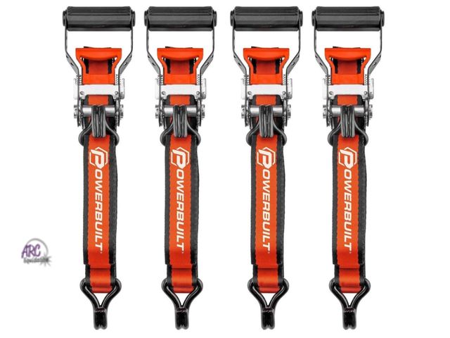 Lot 56-755450 - New - 4 Pcs Powerbuilt Ratchet Tie Down Set with Extra-Wide Cushioned Sliding Handles