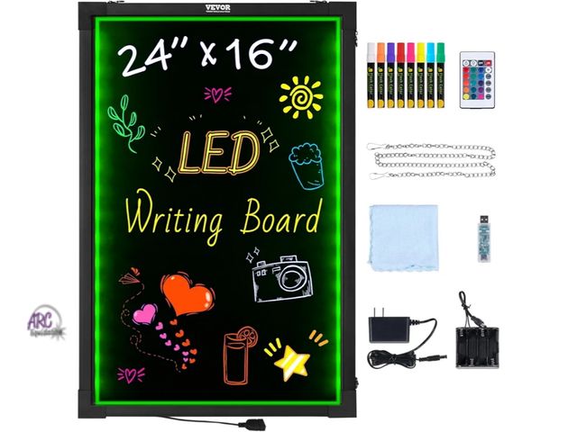 Lot 56-554818 - NEW-TESTED-16"x24" vevor LED fluorescent hang up board with markers