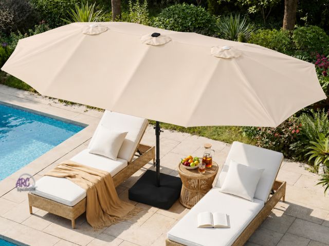 Lot 56-608760 - New Opened Box - 15 ft. Large Patio Umbrella with LED Lights and Base, Rectangular Triple Shade for ...