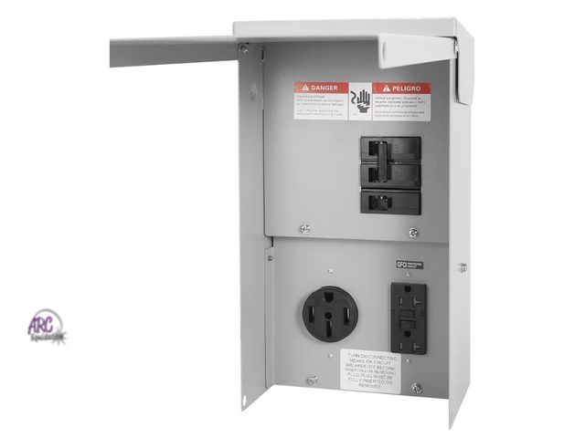 Lot 56-454040 - New in box 
Temporary Power Outlet Panel, RV Circuit Breaker Box with 50 amp+GFCI 20 amp Receptacle ...