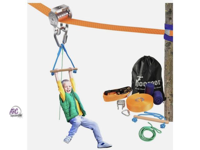 Lot 56-150464 - New Hooroor Slackline Pulley 52FT Zip Line, Monkey Bar Ninja Warrior Obstacle Course Set
