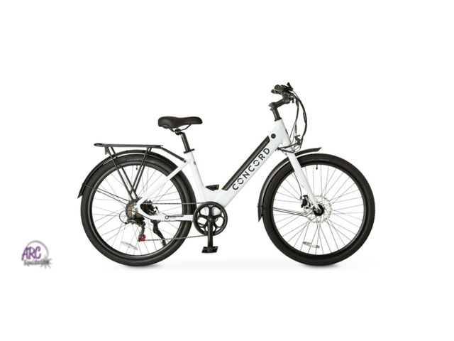 Lot 56-277351 - NEW Concord 27.5" Step-Thru Electric Bike, 36V, Class 2, Aluminum, Weighs 49 Pounds, White, Fits Rid...