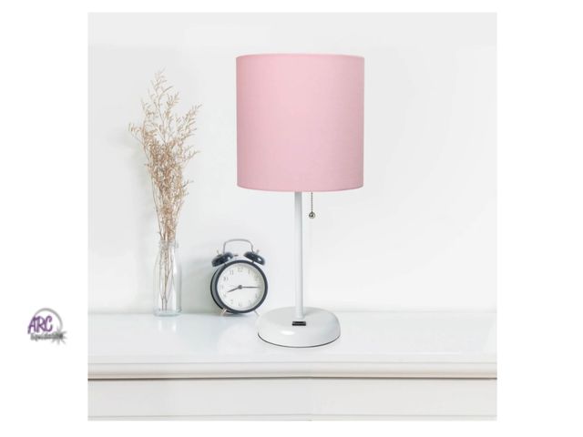 Lot 56-142499 - New LimeLights White Stick Lamp with USB charging port and Fabric Shade, Light Pink