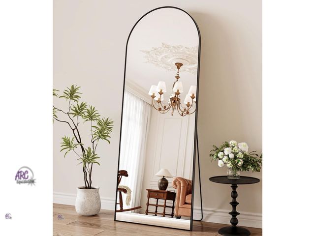 Lot 56-594323 - NEW-21 in. W x 64 in. H Aluminium Alloy Frame Black Arched Floor Mirror with Floor Stand and Wall Mo...
