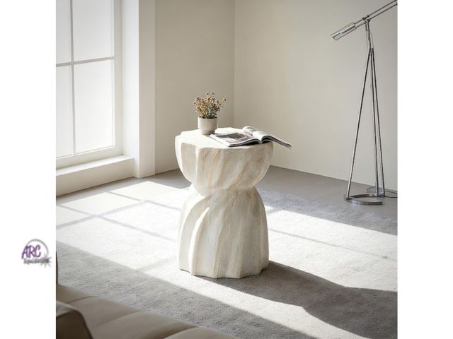 Lot 56-241445 - New in box 13.78 in. Modern Marble Round Magnesium Oxide End Table with Bouquet-Shaped Pleated Desig...