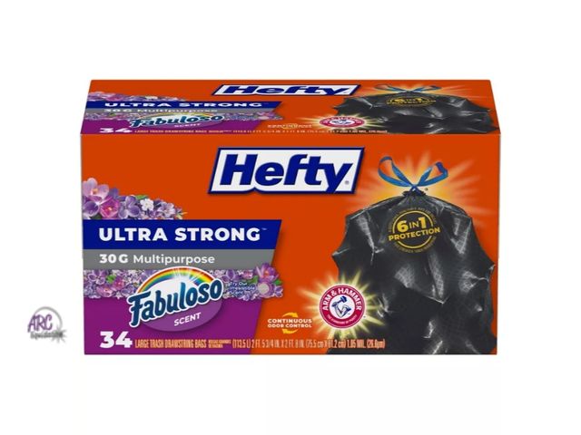 Lot 56-385112 - New, *retaped package*Hefty Ultra Strong Fabuloso Scent 30gal Trash Bags - 34ct