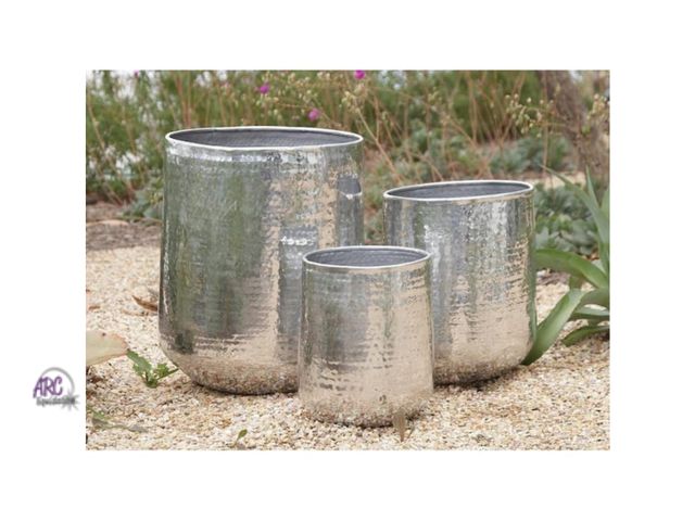 Lot 56-240845 - New in box (3- Pack) 21 in., 16 in., and 13 in. Large Silver Aluminum Indoor Outdoor Planter with Ha...