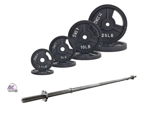 Lot 56-275251 - New Signature Fitness 95LB Weight Set, Includes 1" Cast Iron Plates (85LB) + 5FT Barbell Bar (10LB) ...