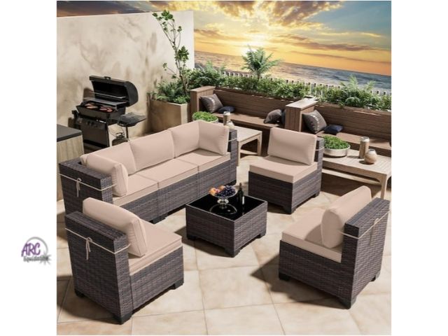 Lot 56-790465 - New and assembled. 7-Piece Wicker Outdoor Sectional Set with Cushion Sand color