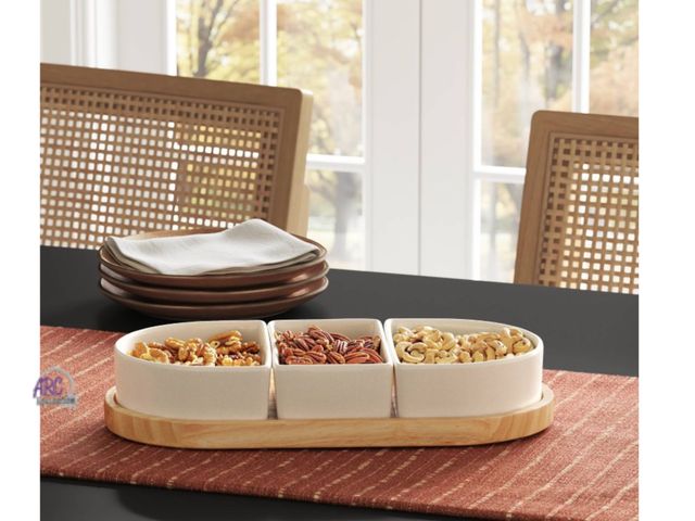 Lot 56-380827 - New, 4pc Ceramic Sectioned Serving Bowl Set - Threshold™: Set of Dip Bowls, Serveware, Rubberwood Tr...