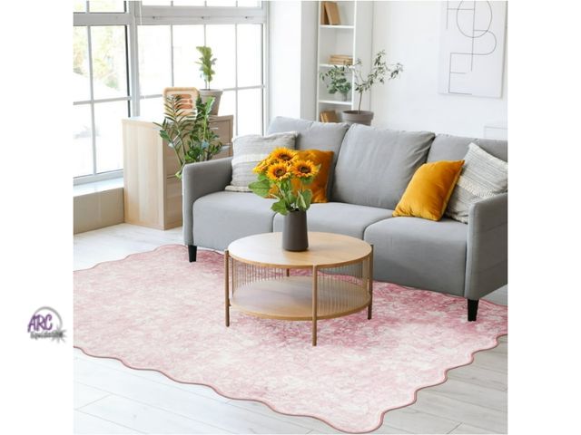 Lot 56-395214 - New,Mainstays 5'x7' Pink Feather Faux Fur Scalloped Indoor Area Rug