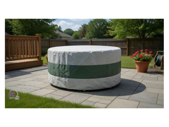 Lot 56-497265 - New in Package - Sunnydaze - 60" Dia x 24" H - Gray/Green Stripe Round 2-Tone Outdoor Fire Pit Cover