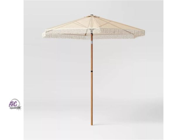 Lot 56-752250 - New 7.5'x7.7' Hexagon Macrame Outdoor Patio Market Umbrella Beige with Faux Wood Pole - Threshold