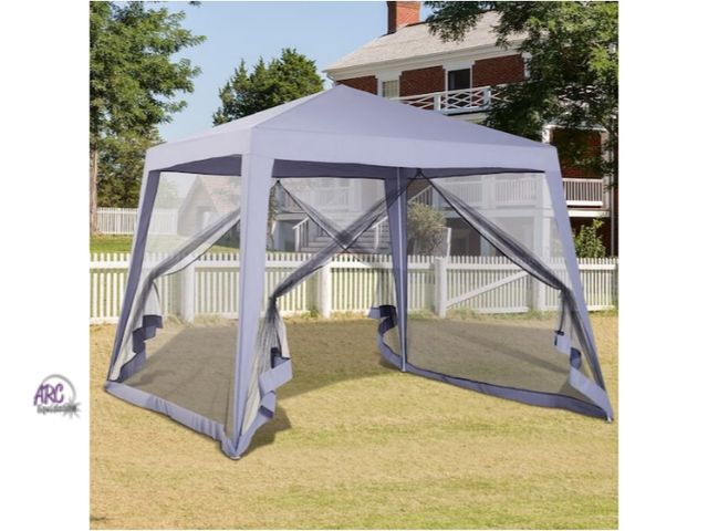 Lot 56-612061 - New / possible use. 10 ft. x 10 ft x 7.75 ft. H Folding Steel Frame Slant Screen Sun Canopy Tent wit...