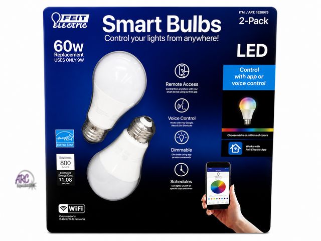 Lot 56-403665 - New Open Package - (2 Pack) - Tested &amp; Works, Lights Up - Feit Electric 60W LED Multicolor WiFi ...
