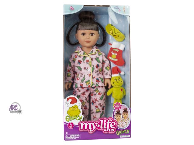 Lot 56-316530 - New, My Life As Poseable Grinch Sleepover 18 inch Doll, Dark Brunette Hair, Brown Eyes