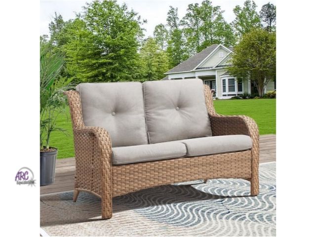 Lot 56-768764 - New in box. Carolina Yellow 1-Piece Wicker Outdoor Loveseat with Beige Cushions